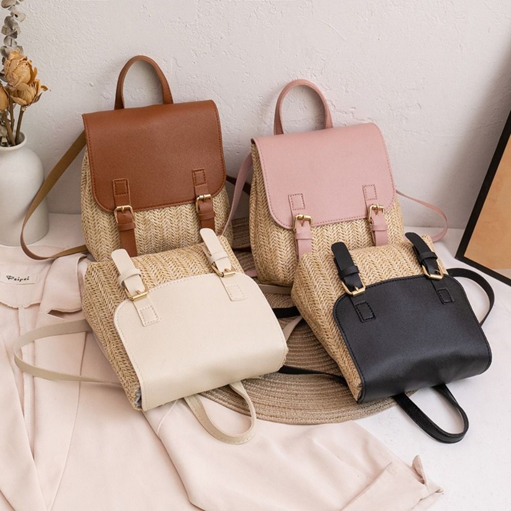 Leather Backpack Vintage - Zaino in Pelle PU e Paglia